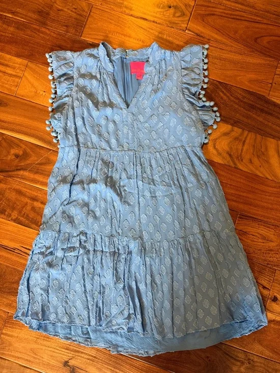 Lilly Pulitzer Light Blue Pom-Trim Tiered V-Neck Dress, sz 6, VGUC - Picture 1 of 7
